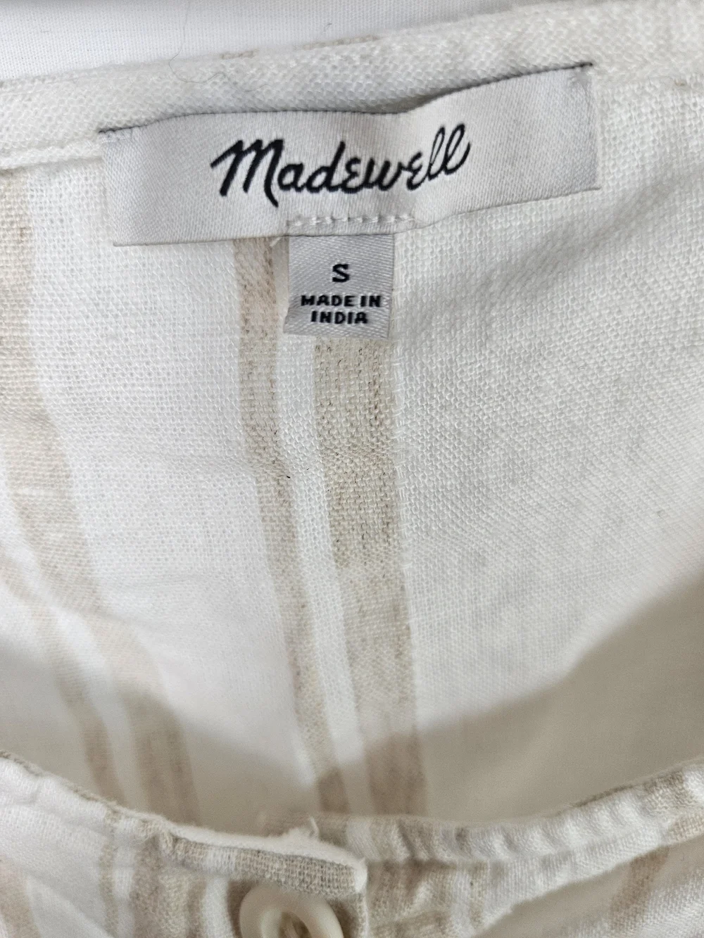 Madewell Cream and Tan Striped Puff Sleeve Button-Front Top